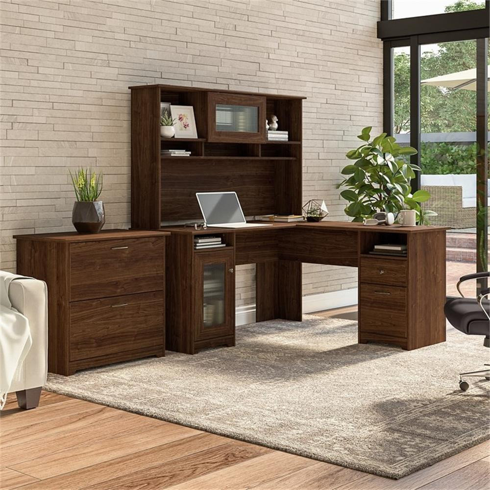 Cabot 60W L Desk with Hutch and Lateral File Cabinet in White ...
