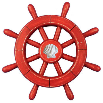 Rustic All Red Decorative Ship Wheel With Seashell 12'', Wooden Ship Wheel