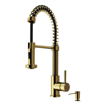VIGO Edison Pull-Down Kitchen Faucet With Soap Dispenser, Matte Brushed Gold