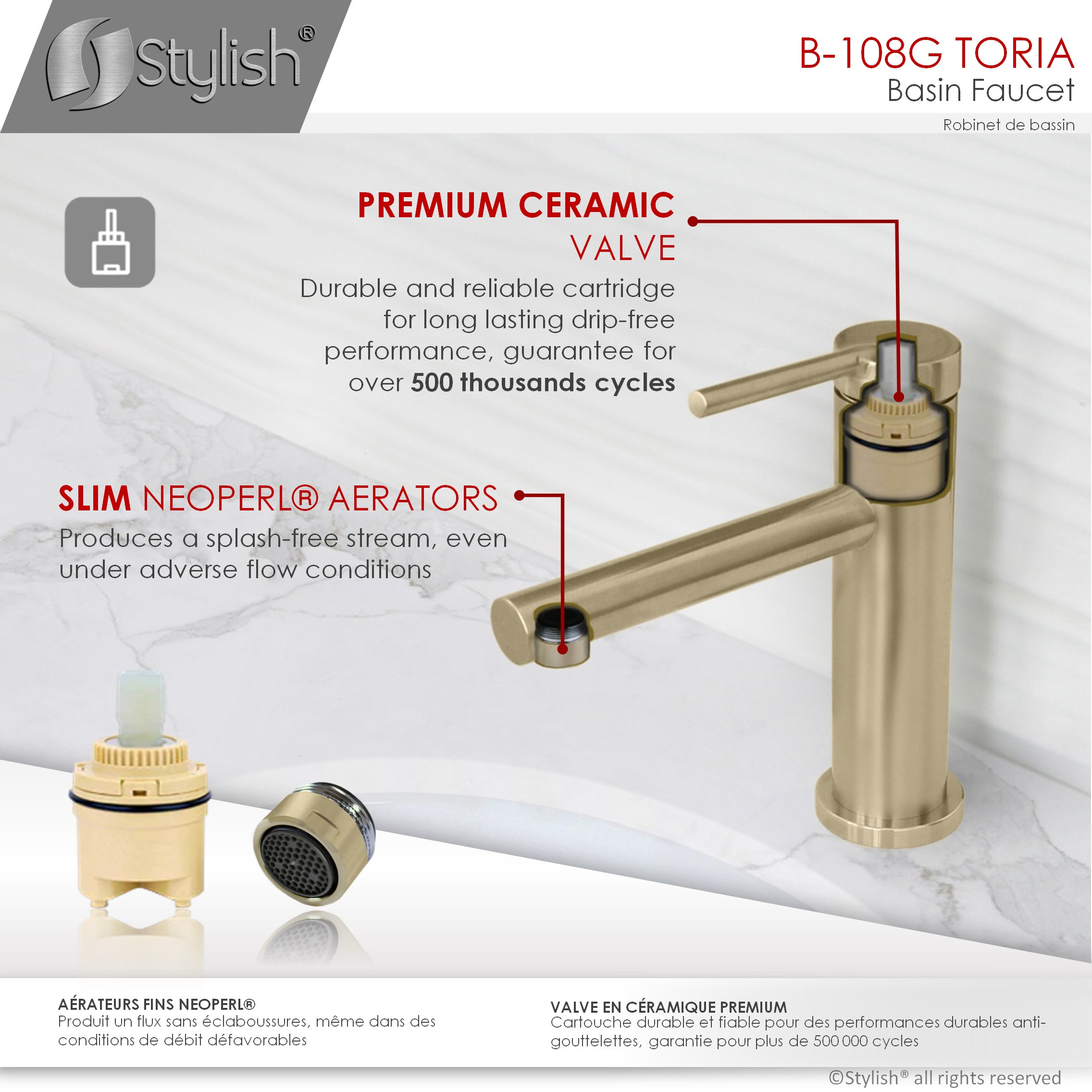 STYLISH Single Handle Modern Bathroom Faucet Basin Sink Faucet, Gold Finish