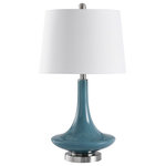 StyleCraft Home Collection - Table Lamp, Niagra Falls Blue - This metal and glass table lamp features a colorful finish. The shade is made from Prada white fabric and comes in a round, hardback design. All this rests on top of a round metal base, making it the perfect piece to flank a chair or sofa.