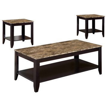 Benzara BM156358 Artistic 3 Piece Occasional Table Set With Marble Top, Brown
