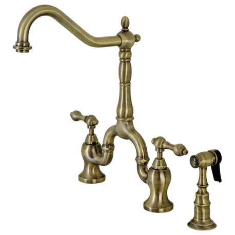 KS7753ALBS Country Kitchen Bridge Faucet With Brass Sprayer, Antique Brass