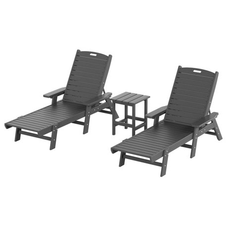 Afuera Living Outdoor 3PC HDPE Plastic Reclining Chaise Lounge/Table Set in Gray