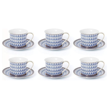 Royalty Porcelain Luxury Tea or Coffee Cup Set, 24K Gold (12 PC, Cobalt Net)