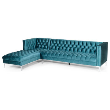 Contemporary Sectional Sofa, Silver Legs & Padded Button Tufted Teal Velvet Seat