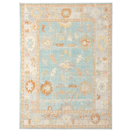 Bohemian Gretna Indoor/Outdoor Area Rug, Aqua, 5'1" x 7'6", Bordered