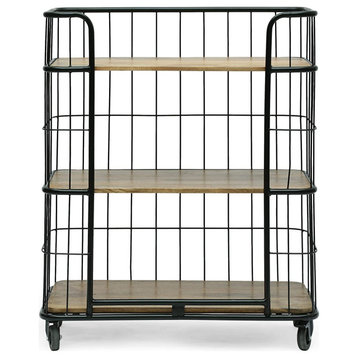 Modern Industrial Kitchen Cart, Cage Style Frame and 3 Mango Wood Shelves