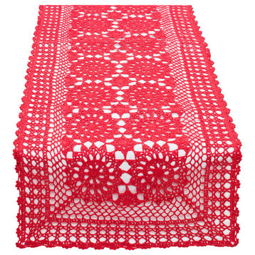 Handmade Crochet Lace Cotton Rectangular Table Runner, Red, 16"x 72"