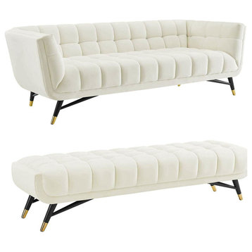 Adept Contemporary Velvet Fabric Upholstered Tufted Sofa/Accent Bench, Ivory