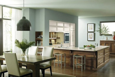 Mid-sized trendy u-shaped dark wood floor eat-in kitchen photo in Other with recessed-panel cabinets, medium tone wood cabinets, quartzite countertops, brown backsplash, stainless steel appliances and a peninsula