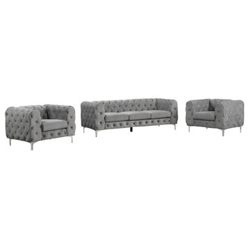 Rebekah 3 Piece Velvet Standard Foam Living Room Set 1sofa+2 Chairs, Gray Velvet