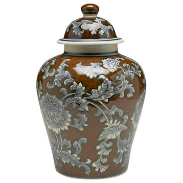 Brown And Gray Floral 10" Ginger Jar