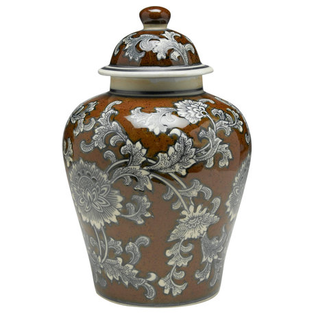 Brown And Gray Floral 10" Ginger Jar