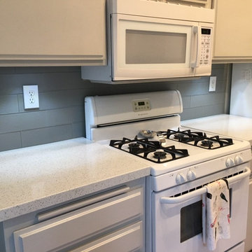 Sparkling White Quartz Kitchen Countertops w/The Montecito Matte Glass Tile