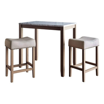 3 Pieces Pub Dining Set, Faux Marble Tabletop With 2 Backless Stools, Beige/Brow