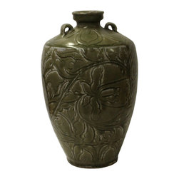 Chinese Handmade Ceramic Gray Green Floral Motif Vase Jar cs4708 - Vases