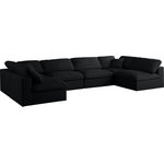 Meridian Furniture - Plush Velvet / Down Standard Comfort 6-Piece U-Shaped Modular Sectional, Black - No matter how big or little the size of your gang, they can all find their sweet spot when you choose pieces from the Plush collection to build your ideal seating group. Choose this individual Plush piece or pair multiple pieces together to get the custom look everyone will love. The soft black velvet material is soft and welcoming to the touch, and the set's cushions are overstuffed with a down and feather blend to provide ample support for tired bodies.