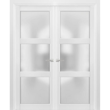 Solid French Double Doors 48x80 Frosted Glass 3 Lites | Lucia 2552 Matte White