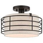 Livex Lighting - Blanchard 1-Light English Bronze Medium Semi-Flush - The Blanchard semi-flush mount adds refined style and a hint of mystery to your d�cor. The english bronze finish and an oatmeal handcrafted hardback shade create warm illumination, while soft light brings to life the intricate fretwork pattern. This small one-light semi flush mount will add a sophisticated and glamorous look to almost any interior design style. It will work great in the hallway, kitchen, bathroom or a small bedroom.