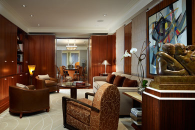 Trendy enclosed carpeted family room photo in Chicago with brown walls and no tv