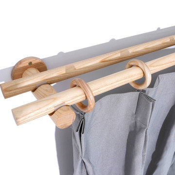 QYT03 1-1/8" Ash Wood Ball Bracket Single Double Curtain Rod Sets