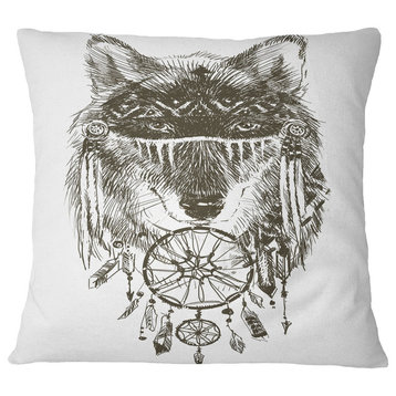 Funny indian Wolf Warrior Watercolor Contemporary Animal Throw Pillow, 16"x16"