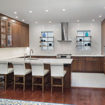 Warm Modern Walnut Kitchen Remodel | Sleek White Quartz & Open Shelving Design