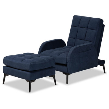 Brody Modern Navy Blue Velvet Upholstered 2-Piece Recliner Chair and Ottoman Set