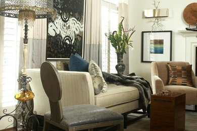 Inspiration for a mid-sized eclectic open concept dark wood floor living room remodel in Atlanta with white walls, a standard fireplace and a plaster fireplace