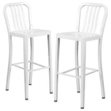 Set of 2 Industrial Bar Stool, Ergonomic Seat With Vertical Slatted Back, White