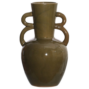 8.5 Inches Stoneware Vase With Handles and Reactive Glaze, Olive Green