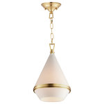 Maxim - Giza One Light Pendant - A glossy White glass shade conical in form is combined with sharp-lined bands of metal finished in your choice of Polished Nickel or Satin Brass to create a pyramid of softly diffused light. Squared off trapezoidal chain loops connect to squared chain links allowing for over ten feet of adjustment. Though modern with its angular form this pendant applies traditional metalwork details to create a timeless piece perfect for over a kitchen island or bedside.