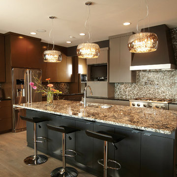 Sense by ET2 Crystal Pendants Chrome Drum Shade in Contemporary Kitchen