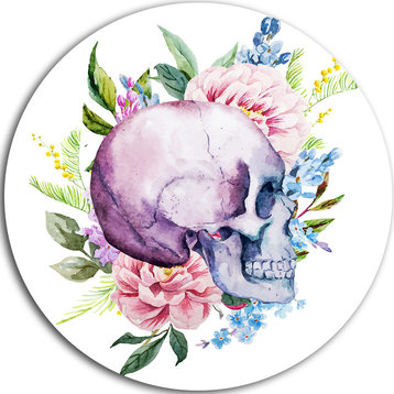 Skull With Flower Borders, Digital Floral Large Disc Metal Artwork, 11"