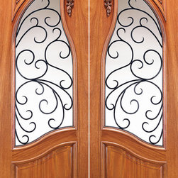 Carved Panel, Solid Mahogany Double Prehung Doors, Forged Iron - Front Doors