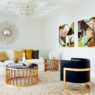 Bild på ett mellanstort funkis vardagsrum, med ett finrum och heltäckningsmatta