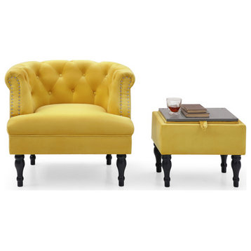Set of Upholstered Velvet Accent Chair and Storage Ottoman, Yellow