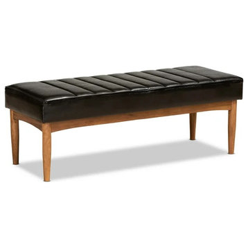 Mid Century Accent Bench, Rubberwood Legs & Padded Faux Leather Seat, Dark Brown