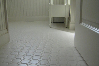 Bathroom - large traditional white tile and ceramic tile ceramic tile bathroom idea in Seattle with a drop-in sink and white walls