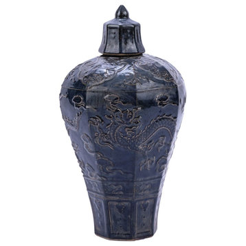 Carved Dragon Plum Vase Speckled Indigo