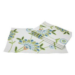 Xia Home Fashions - Crewel Embroidered Flora Linens Collection Placemat, Blue, 14x20, Set of 4 - Placemats