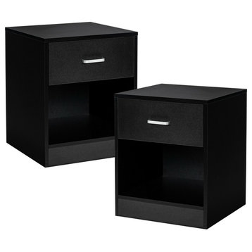 Set of 2 Modern Nightstand, Lower Open Shelf & Drawer With Smooth Glides, Black