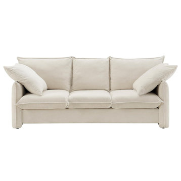 Modern 3 Seater Sofa, Comfortable Cushioned Seat With 2 Square Pillows, Beige