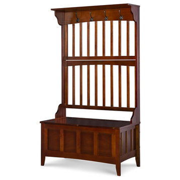 Traditional Hall Tree, Storage Bench With Slatted Back With Double Hooks, Walnut