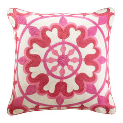Floral Crewelwork Pillow Cover - Pink - Decorative Pillows