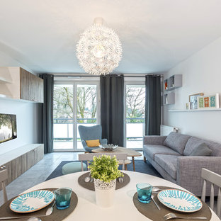 モントリオールの小さい北欧風 LDKの画像 (白い壁、セラミックタイルの床、暖炉なし)