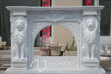 New Finished White Marble FIreplace Mantel with Lion Statues