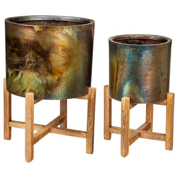 Evergreen Metallic Patina Planter With Wood Stand Set of 2