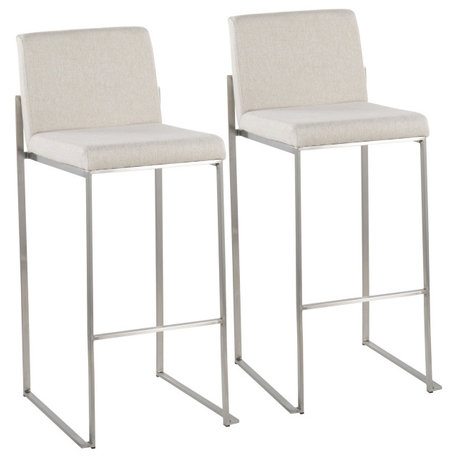 Fuji High Back Barstool, Set of 2, Stainless Steel, Beige Fabric